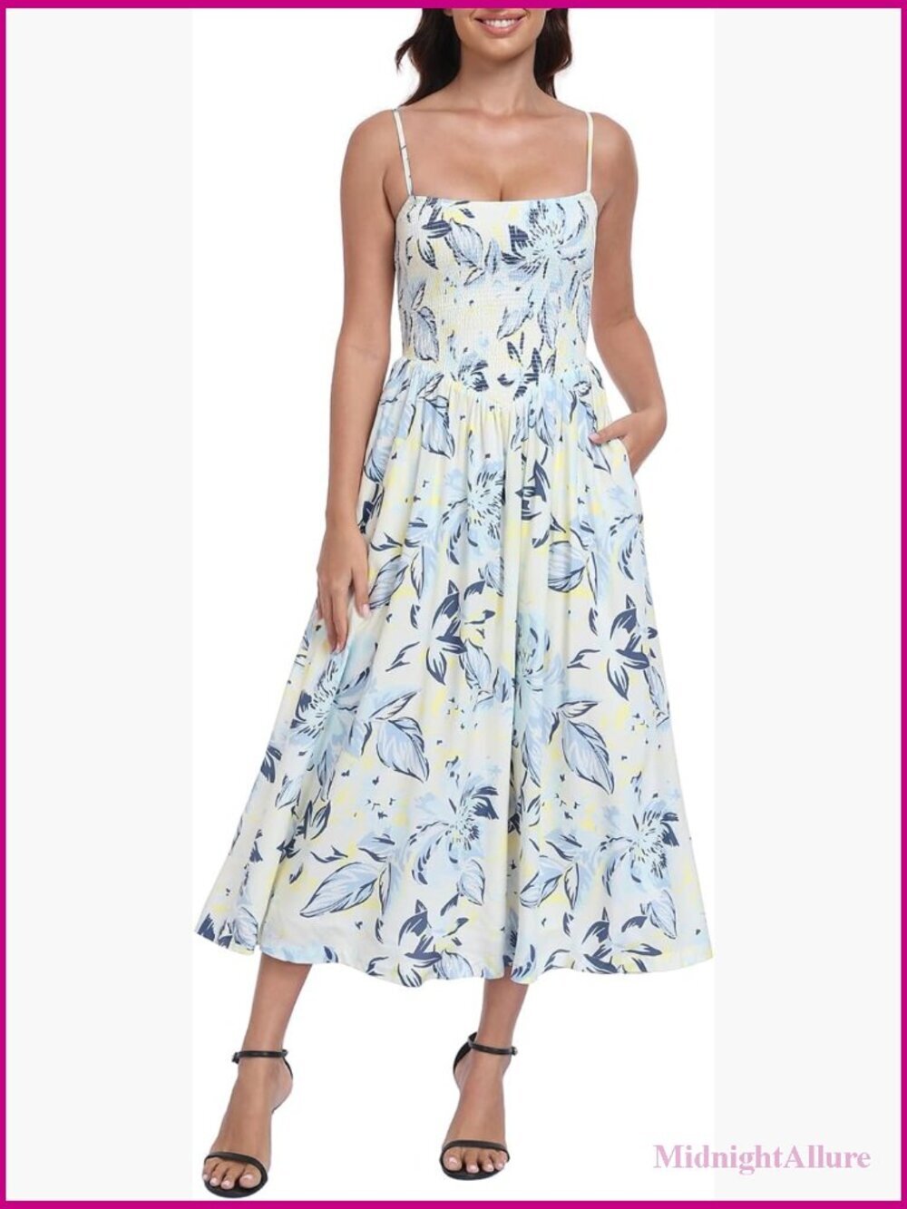 Smocked Midi Dress Spaghetti Strap Flowy Sundress with Pockets